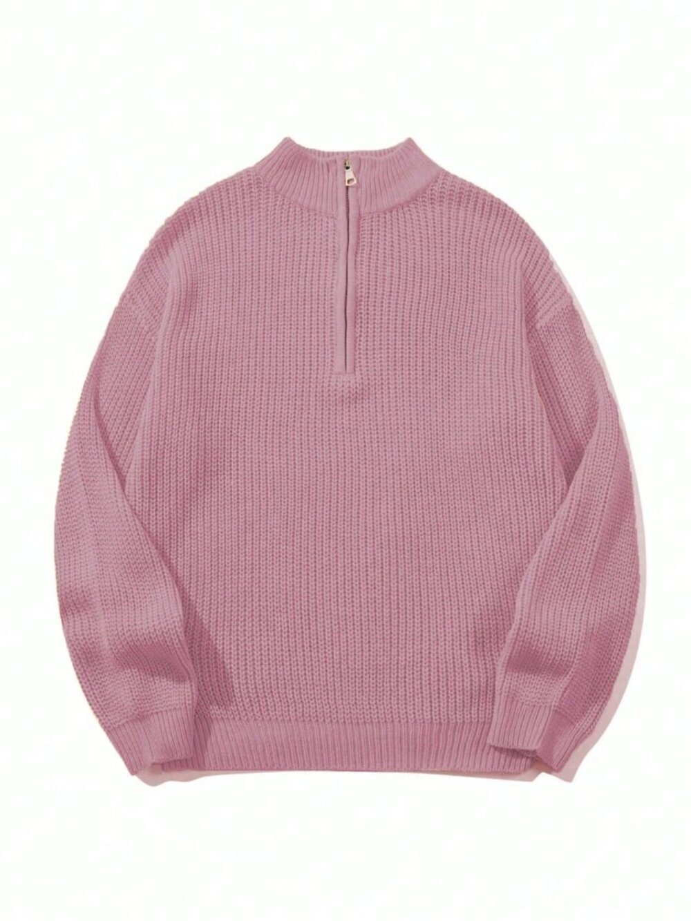 Light Pink Casual Womens Ribbed Loose Stand Collar Half-Placket Pullover Sweater - Picture 5 of 8